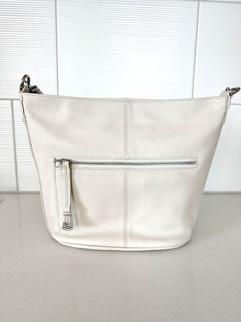 Brighton Shoulder Bag Womens Medium White Leather Braided Strap Zip Purse